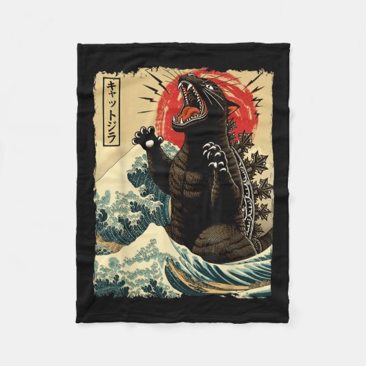 Catzilla Cat Art Grappige Kat Japans voor Mannen V Fleece Deken (Voorkant)