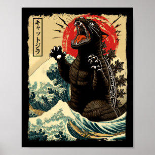 Catzilla Cat Art Grappige Kat Japans voor Mannen V Poster