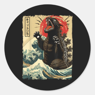 Catzilla Cat Art Grappige Kat Japans voor Mannen V Ronde Sticker