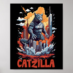 Catzilla Cat City Skyline Grappig Poster