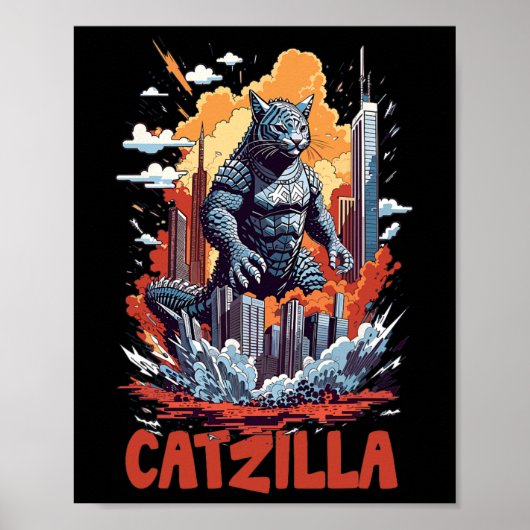 Catzilla Cat City Skyline Grappig Poster (Voorkant)