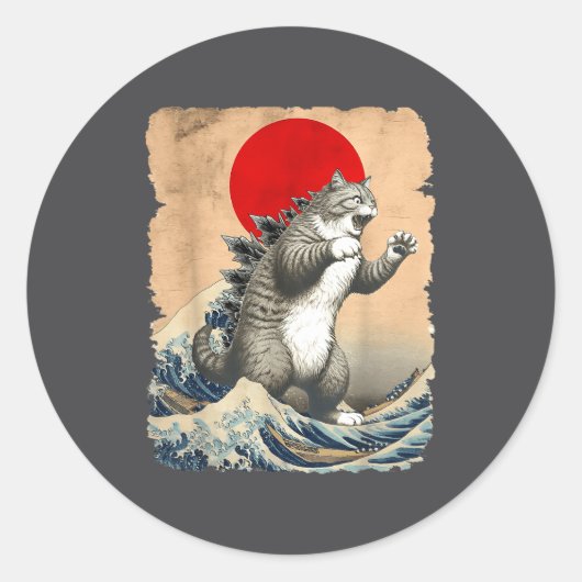 Catzilla Cat Japanese Art Funny Cat Meme For Men W Ronde Sticker (Voorkant)