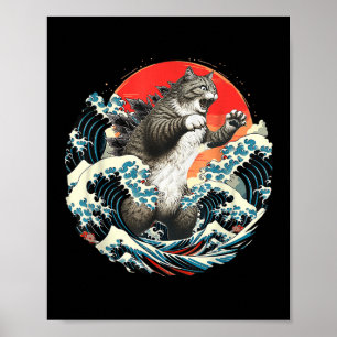 Catzilla Cat Japanse kunst Grote golven kunst voor Poster