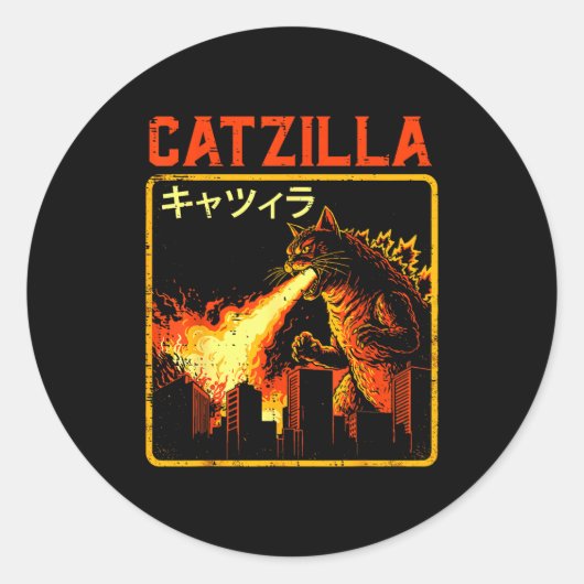 Catzilla Cat Monster Funny Japanese Parody Women M Ronde Sticker (Voorkant)