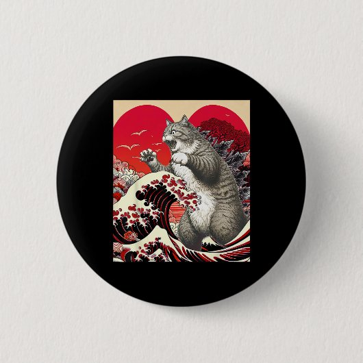 Catzilla Cat Valentijn Japanese Art Funny Cat Gift Ronde Button 5,7 Cm (Voorkant)