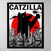 Catzilla Cute Art Japans kattendeksel voor kattend Poster (Voorkant)