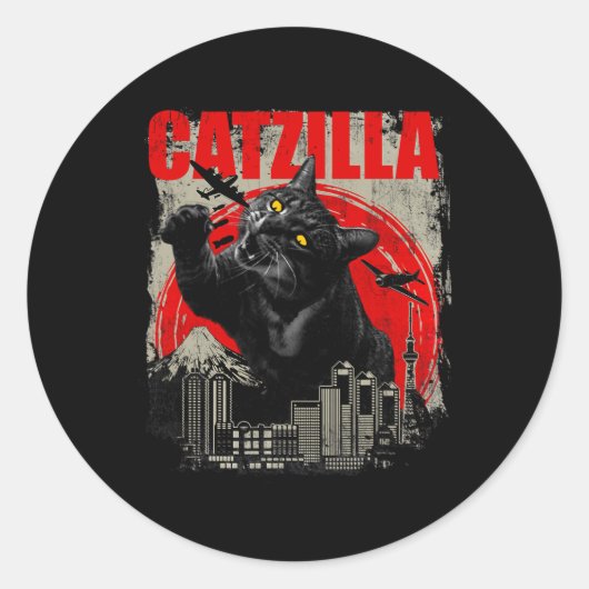 Catzilla - Funny Cat Lover Kitten Kat Korte Mouw Ronde Sticker (Voorkant)