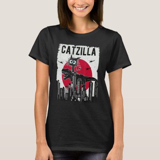 Catzilla Funny Retro Cat Kitten Riding T.Rex Lover T-shirt (Voorkant)