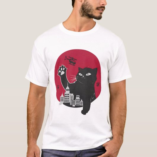 Catzilla - Giant Black Cat parodie op de stad T-shirt (Voorkant)