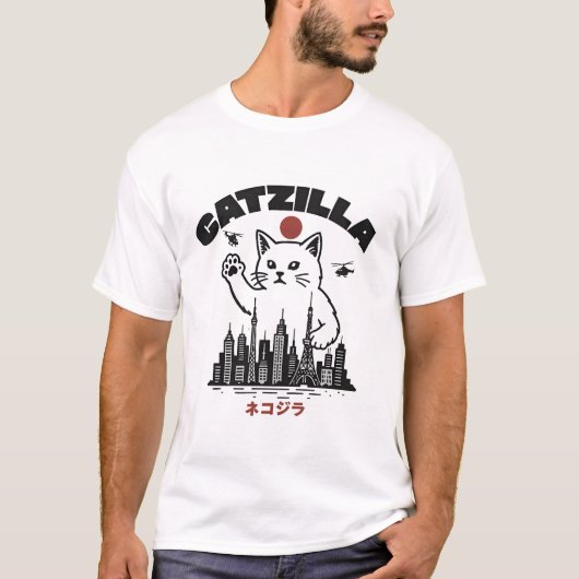 Catzilla - Grappige kat Godzilla parodie T-shirt (Voorkant)