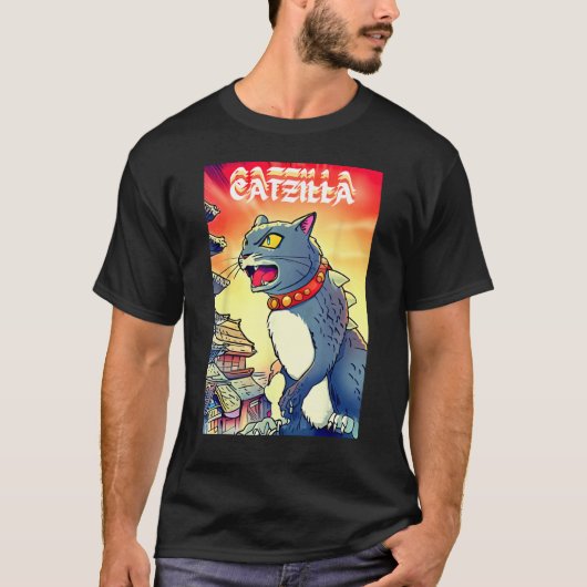 Catzilla Grappige Parodie Kat Kittens Huisdier T-shirt (Voorkant)
