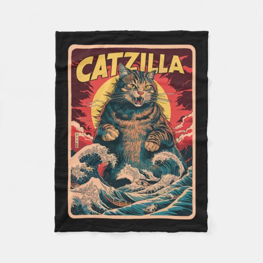 Catzilla Japanese Art Funny Cat  Graphic Fleece Deken (Voorkant)