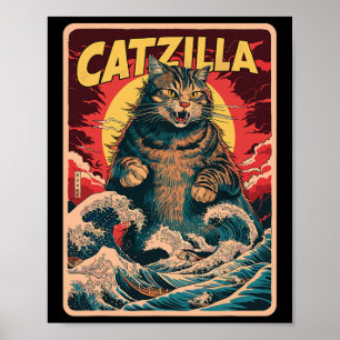 Catzilla Japanese Art Funny Cat Graphic Poster