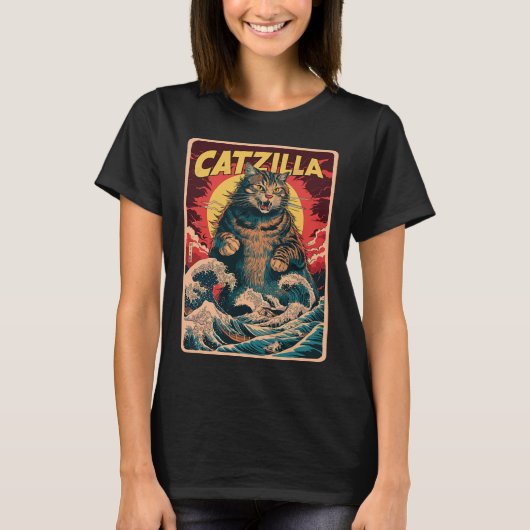 Catzilla Japanese Art Funny Cat Graphic T-shirt (Voorkant)