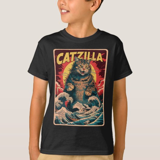Catzilla Japanese Art Funny Cat Graphic T-shirt (Voorkant)