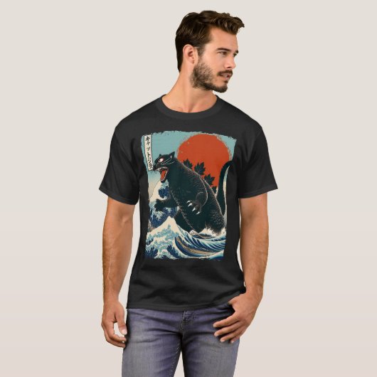 Catzilla Japans Kunst Grappige Kat Schattige Kitte T-shirt (Voorkant volledig)