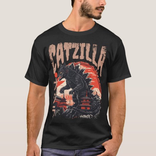 Catzilla Japans Kunst Grappige Schattigee Kat T-shirt (Voorkant)