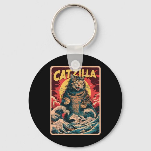 Catzilla Japanse Kunst Grappige Kat Vintage Grafis Sleutelhanger (Voorkant)