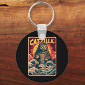 Catzilla Japanse Kunst Grappige Kat Vintage Grafis Sleutelhanger (Voorkant)