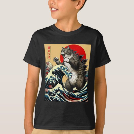 Catzilla Kat Japanse Kunst Grappige Kat Gifts Voor T-shirt (Voorkant)
