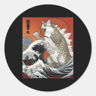 Catzilla Kat Japanse Kunst Grappige Kat Voor Manne Ronde Sticker