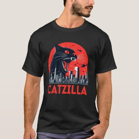 Catzilla Kat Japanse Kunst Grappige Zonsondergang T-shirt (Voorkant)