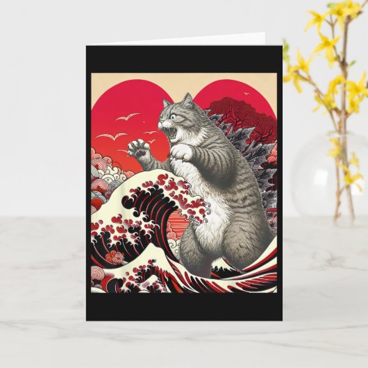 Catzilla Kat Valentijn Japans Kunst Grappige Kat K Kaart (Gele Bloem)