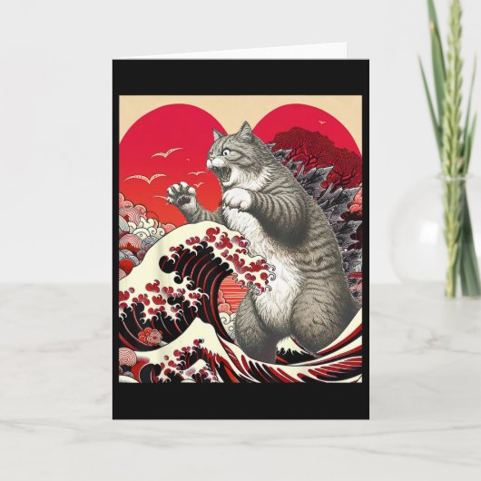 Catzilla Kat Valentijn Japanse Kunst Grappig Kat K Kaart (Voorkant)