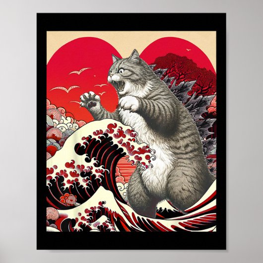 Catzilla Kat Valentijn Japanse Kunst Grappige Kat  Poster (Voorkant)