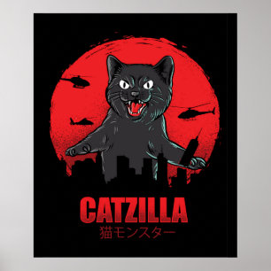 Catzilla Monster Cat Destroys Skyscraper Building Poster
