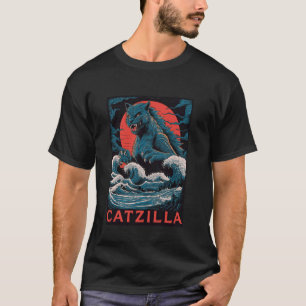 Catzilla Monster Kat Retro Japanse Grote Golf Kana T-shirt