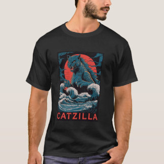 Catzilla Monster Kat Retro Japanse Grote Golf Kana T-shirt