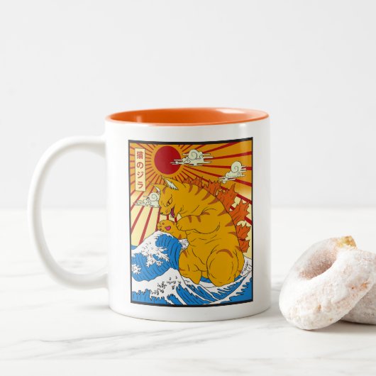 Catzilla Off Kanagawa Funny Japanese Art Cat Graph Tweekleurige Koffiemok (Met donut)