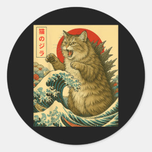 Catzilla Siberische Kat Japanse Kunst Grappige Cad Ronde Sticker