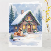 Caucasian Shepherd Dog Mountain Cabin Christmas Kaart (Gele Bloem)