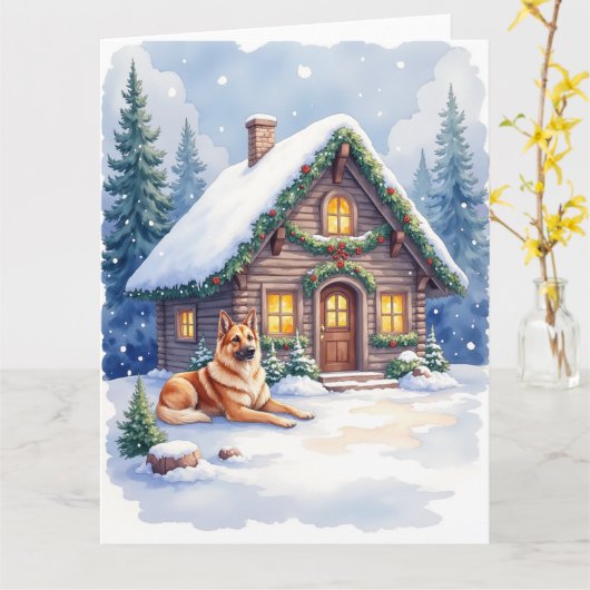 Caucasian Shepherd Dog Mountain Cabin Christmas Kaart (Gele Bloem)