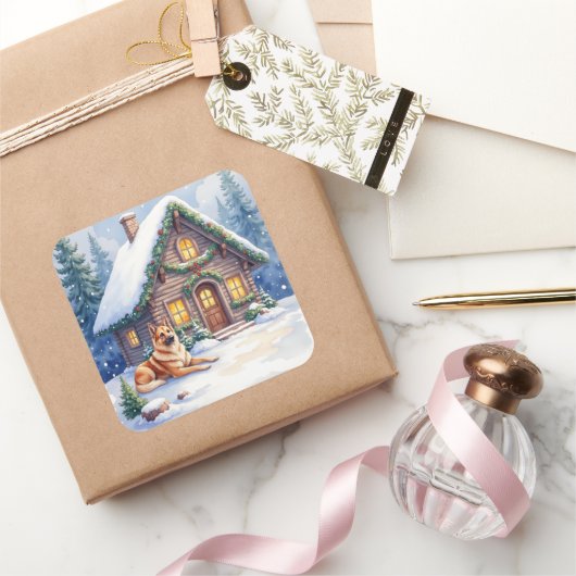 Caucasian Shepherd Dog Mountain Cabin Christmas Vierkante Sticker (Geschenken)