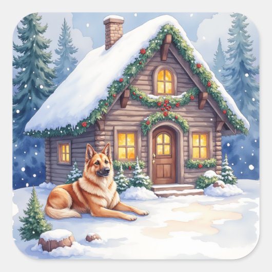 Caucasian Shepherd Dog Mountain Cabin Christmas Vierkante Sticker (Voorkant)