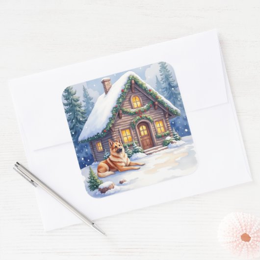 Caucasian Shepherd Dog Mountain Cabin Christmas Vierkante Sticker (Envelop)