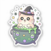 Cauldron Cutie – Chubby Kitten in een Bubbling Wit Sticker (Voorkant)