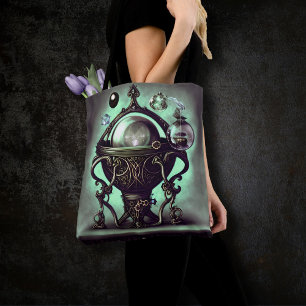 Cauldron met Green Crystal Ball en Orbs Tote Bag
