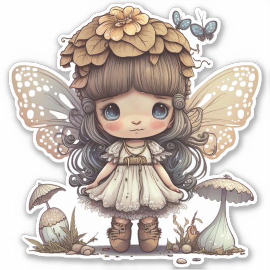 Caute Fairy Girl met paddenstoel en vlinders Sticker (Voorkant)