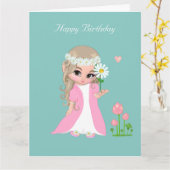 Caute Fairy Girl met ventilator op Light Blue Birt Kaart (Gele Bloem)