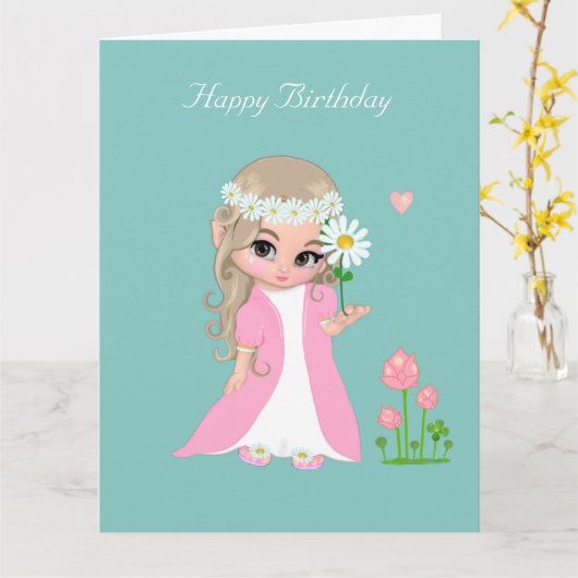 Caute Fairy Girl met ventilator op Light Blue Birt Kaart (Gele Bloem)