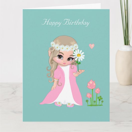 Caute Fairy Girl met ventilator op Light Blue Birt Kaart (Voorkant)