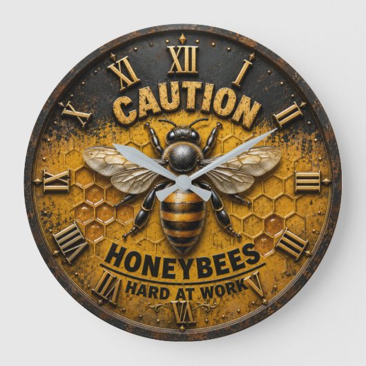 Caution Honeybees Hard at Work  Rustic Beekeeper  Grote Klok (Voorkant)