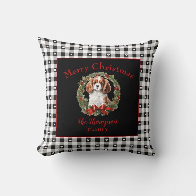 Cavalier Charles Christmas Gingham Familienaam Kussen (Voorkant)