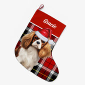 Cavalier Kind Charles Holiday Plaid Gepersonalisee Grote Kerstsok (Voorkant (Hangend))