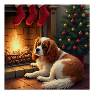 Cavalier King Charles bij de Haard Kerstmis Perfect Poster