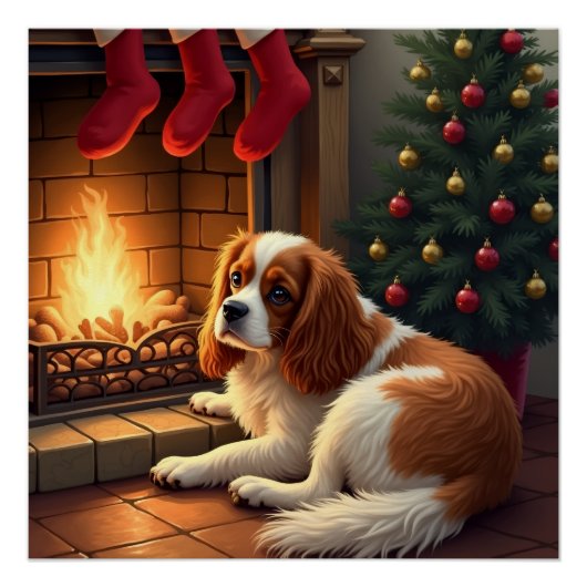 Cavalier King Charles bij de Haard Kerstmis Perfect Poster (Voorkant)